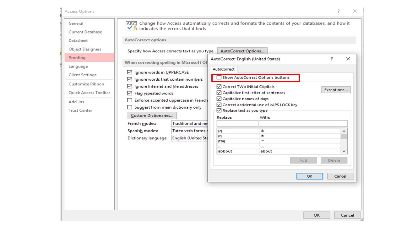 turn off autocorrect in Access 1
