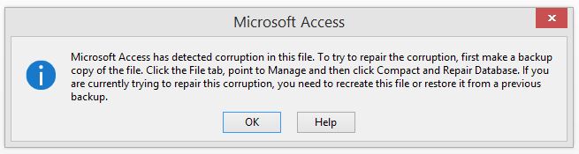 Microsoft Access has detected corruption in this file